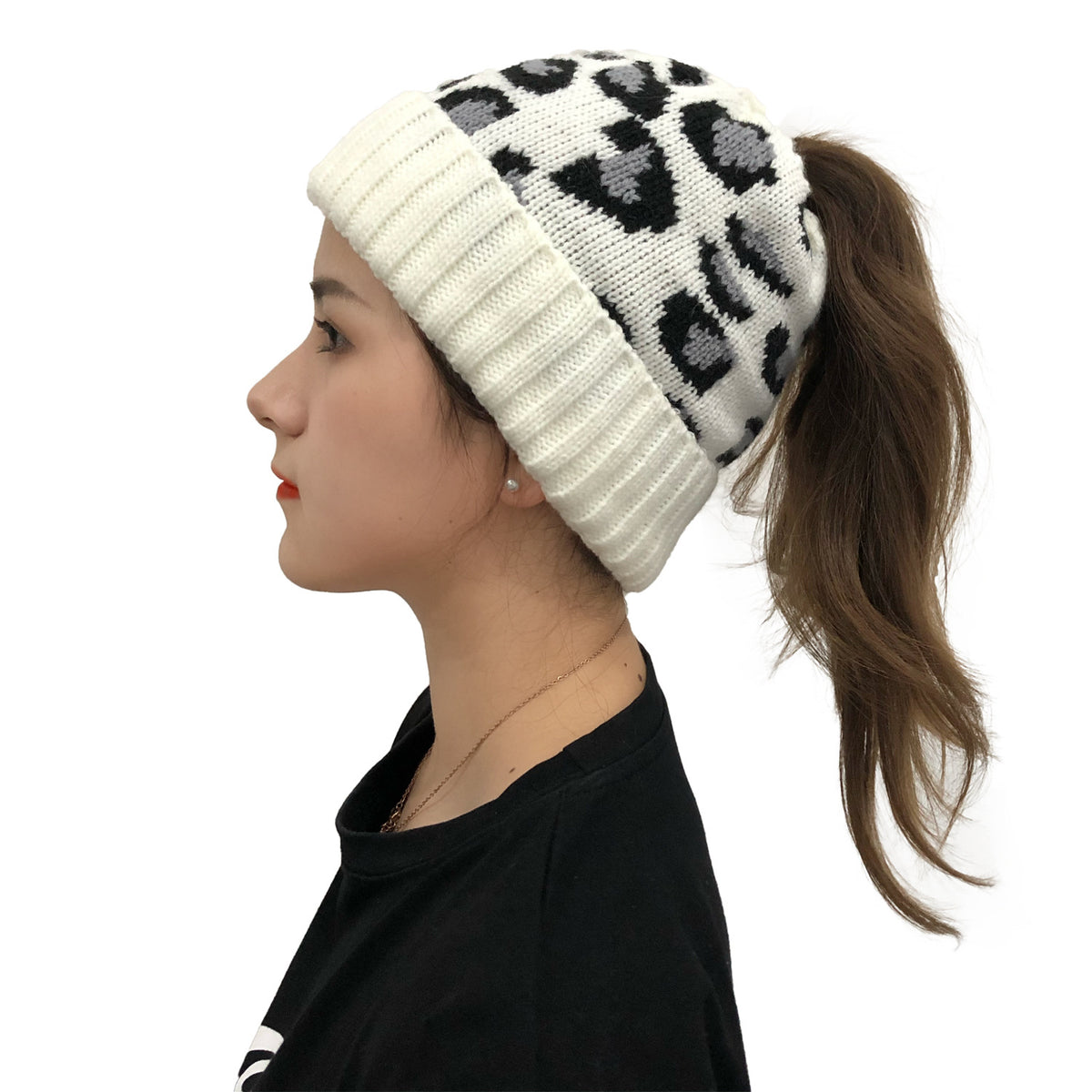 Leopard Ponytail Knit Beanie — product view 6