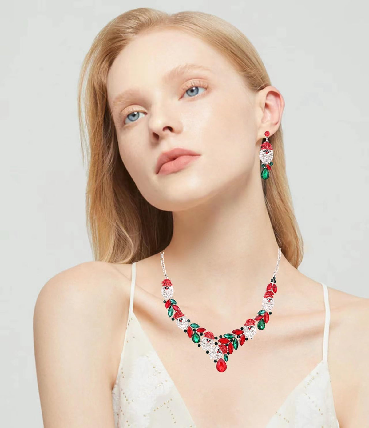 3 Pcs Christmas Austrian Crystal Pendant Necklace Adjustable Ring Brooch Deer Costume Jewelry Set for Christmas Thanksgiving Gifts for Women