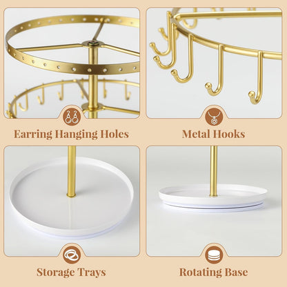 Necklace Holder Jewelry Organizer, 360° Rotating 3-Tier Jewelry Stand Display, 14.3" Holds 80 Pcs, Earring Holder, Bracelet Ring Holder, Jewelry Organizer and Storage for Women Vanity Dresser