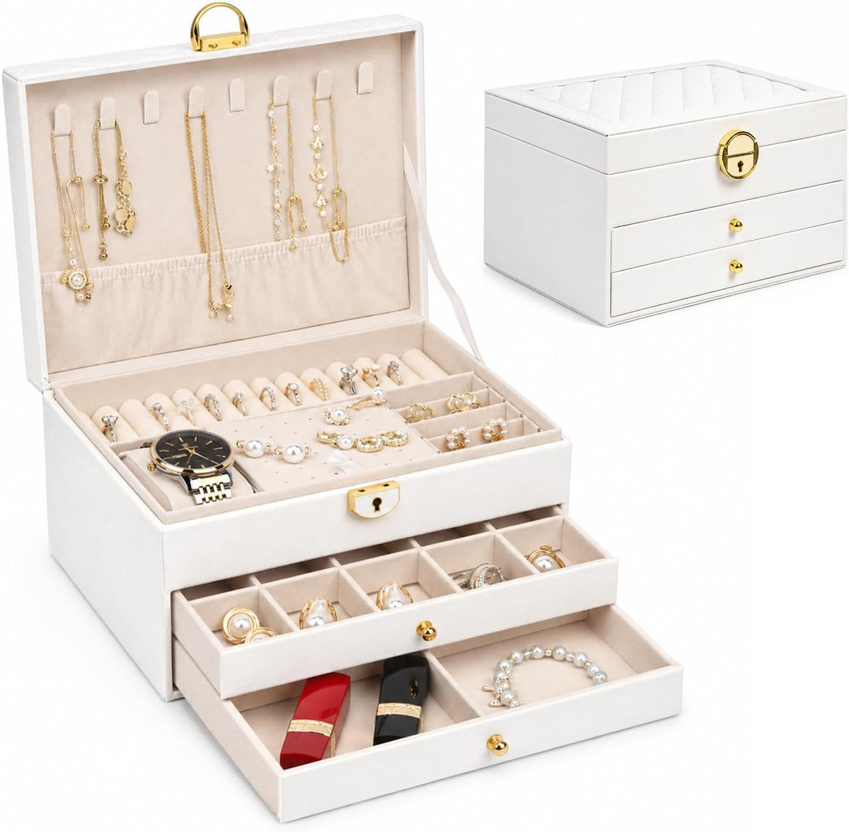 Jewelry Boxes for Women Girl Large PU Leather Jewelry Organizer Box with Lock Jewelry Organizers and Storage Case with Two Drawers Display for Earrings Bracelets Rings Watches