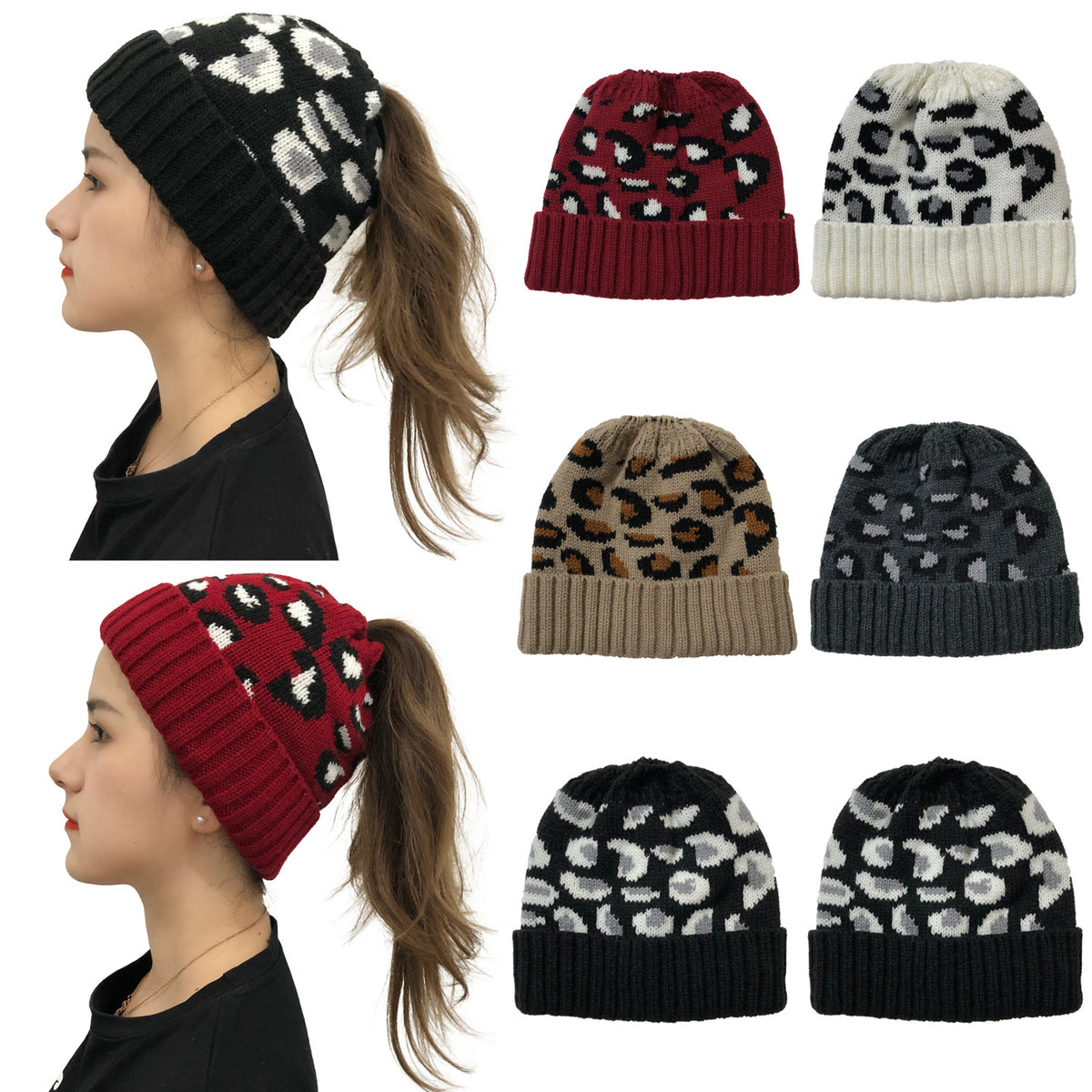 Leopard Ponytail Knit Beanie — product view 1