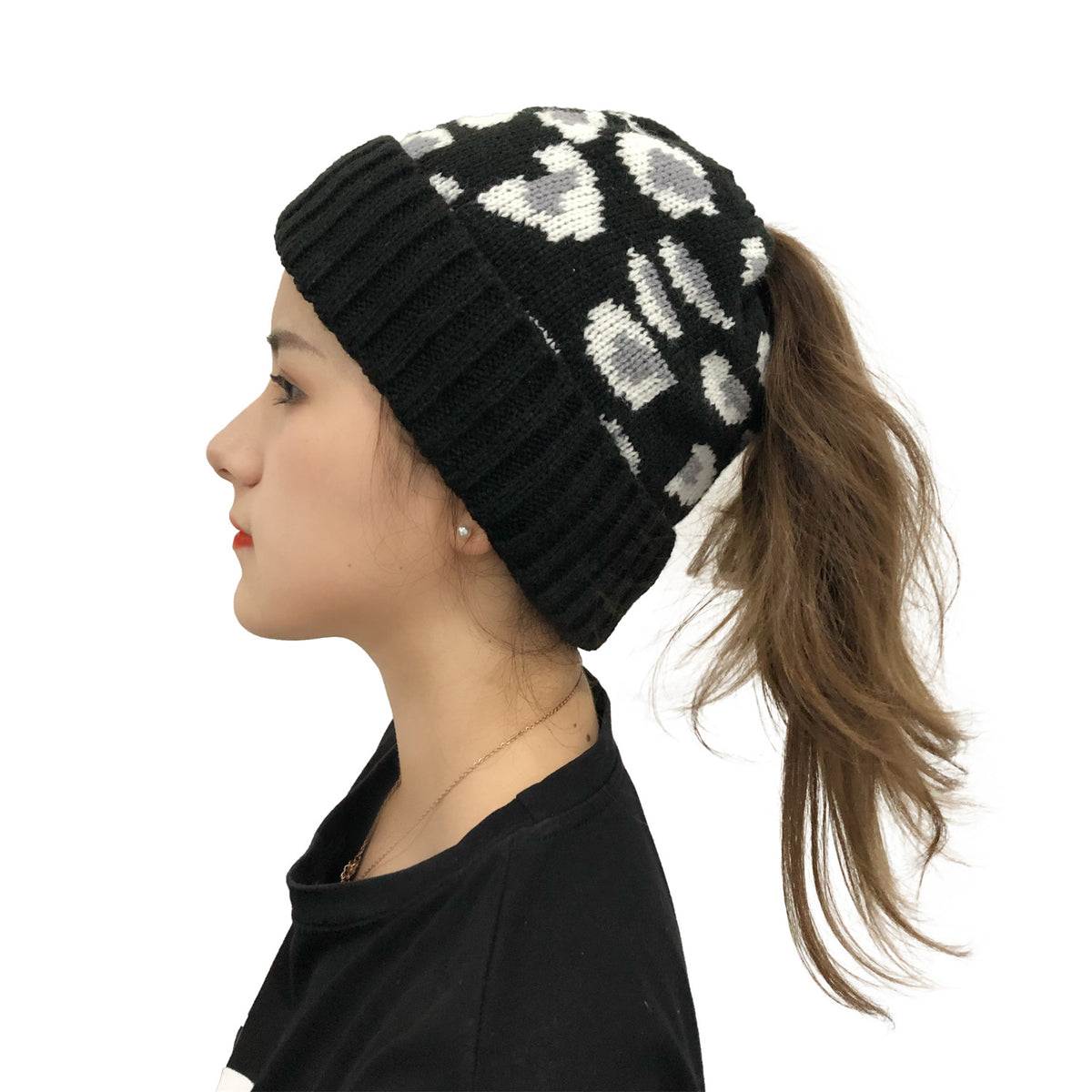 Leopard Ponytail Knit Beanie — product view 3