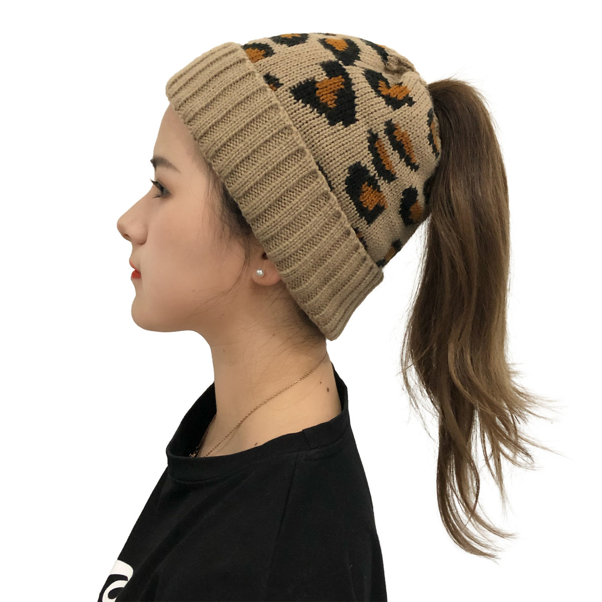 Leopard Ponytail Knit Beanie — product view 2