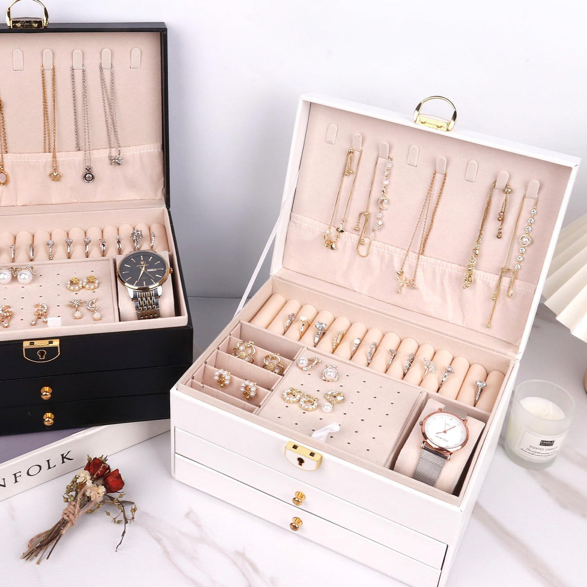 Jewelry Boxes for Women Girl Large PU Leather Jewelry Organizer Box with Lock Jewelry Organizers and Storage Case with Two Drawers Display for Earrings Bracelets Rings Watches