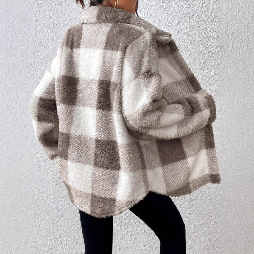 Plaid Plush Button-Front Jacket — product view 3
