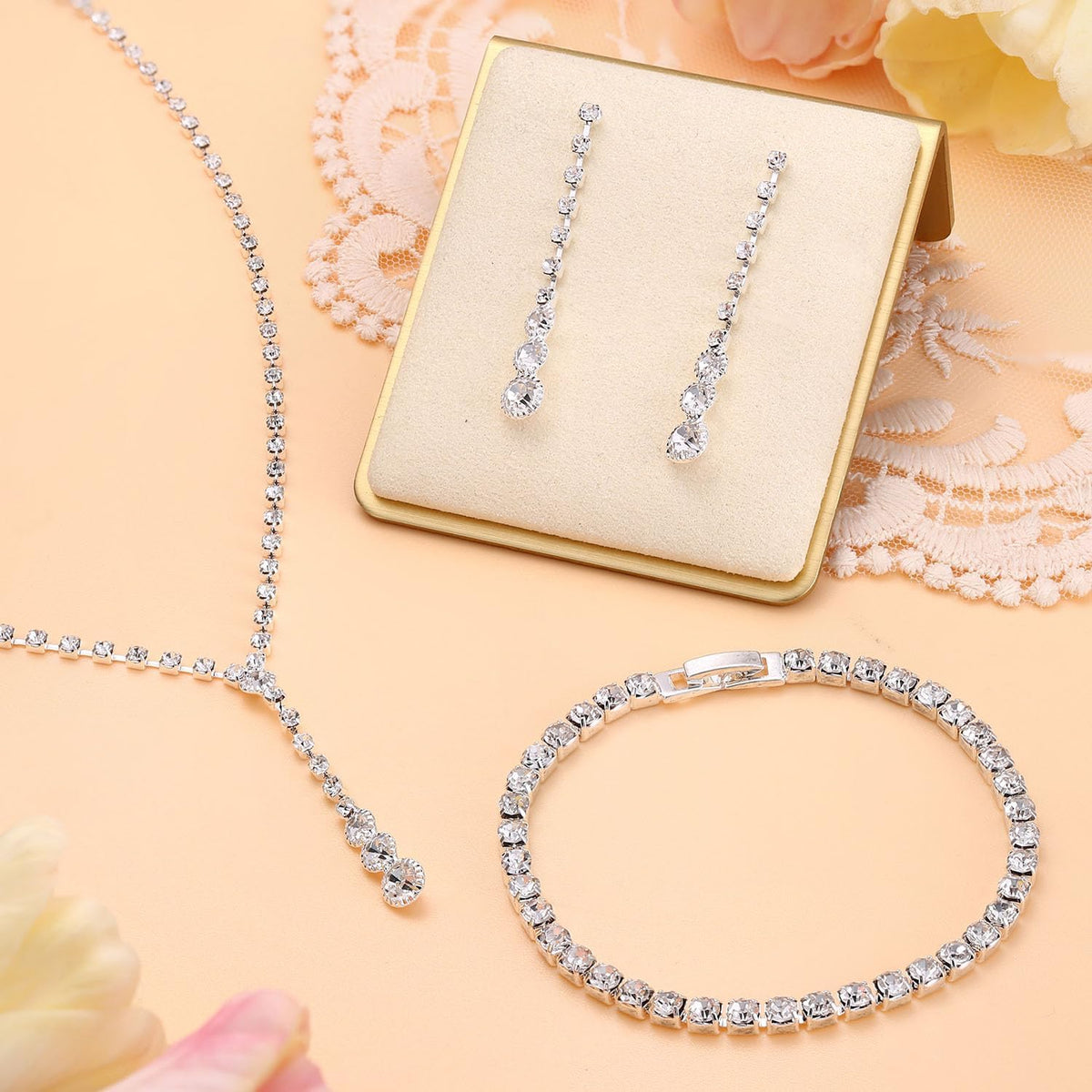 Silver Tone Jewelry Set for Women Rhinestone Wedding Jewelry