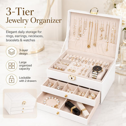 Jewelry Boxes for Women Girl Large PU Leather Jewelry Organizer Box with Lock Jewelry Organizers and Storage Case with Two Drawers Display for Earrings Bracelets Rings Watches
