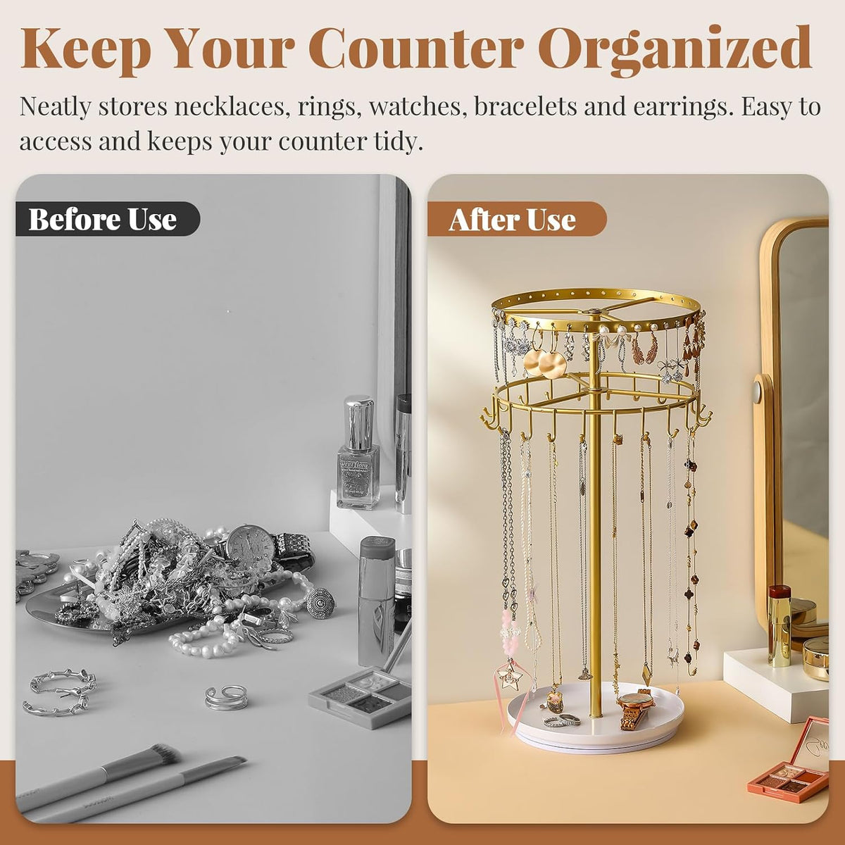 Necklace Holder Jewelry Organizer, 360° Rotating 3-Tier Jewelry Stand Display, 14.3" Holds 80 Pcs, Earring Holder, Bracelet Ring Holder, Jewelry Organizer and Storage for Women Vanity Dresser