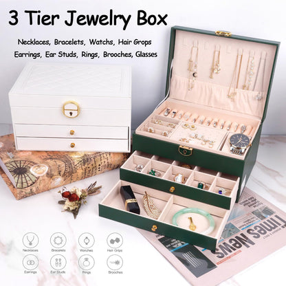 Jewelry Boxes for Women Girl Large PU Leather Jewelry Organizer Box with Lock Jewelry Organizers and Storage Case with Two Drawers Display for Earrings Bracelets Rings Watches