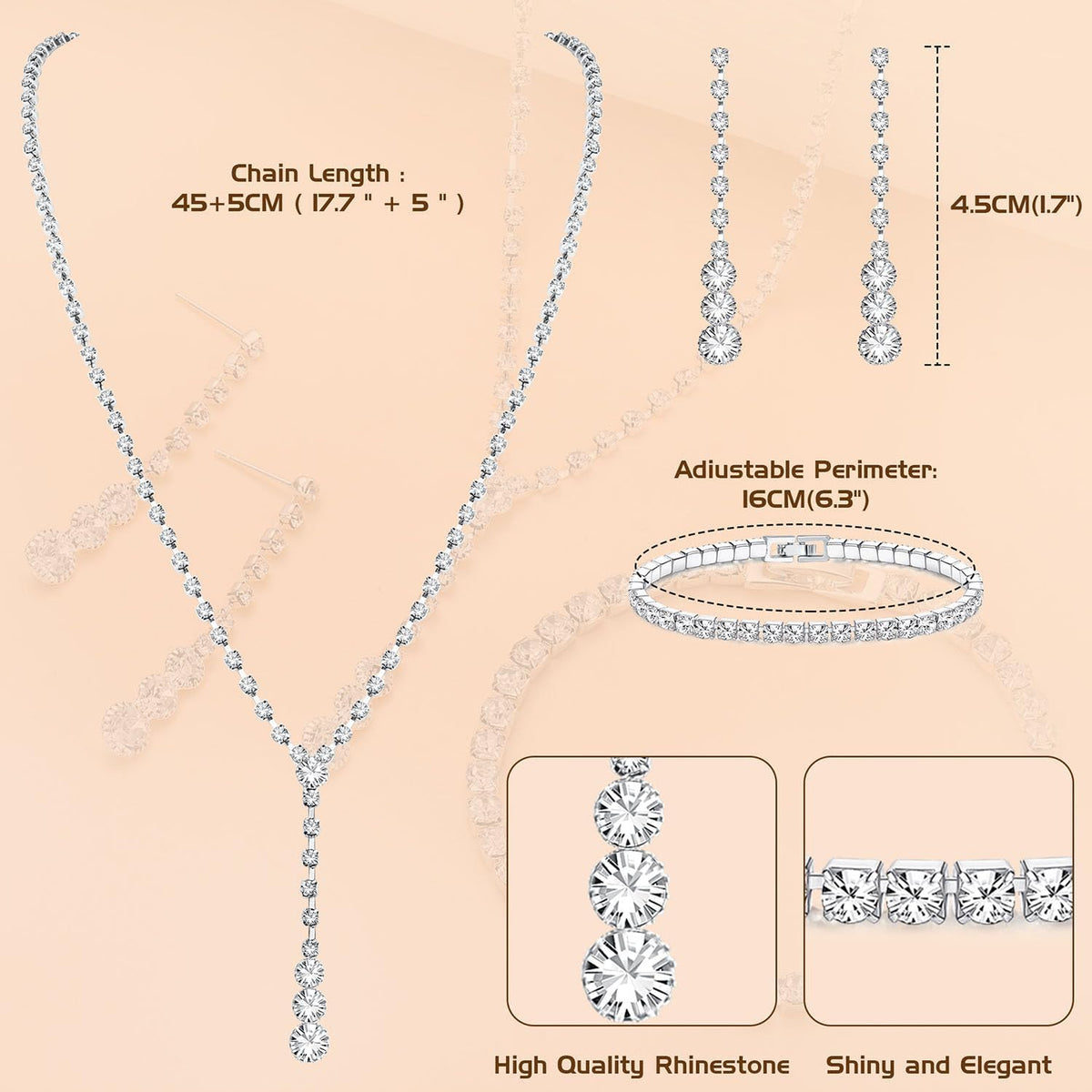 Silver Tone Jewelry Set for Women Rhinestone Wedding Jewelry