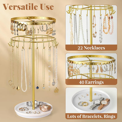 Necklace Holder Jewelry Organizer, 360° Rotating 3-Tier Jewelry Stand Display, 14.3" Holds 80 Pcs, Earring Holder, Bracelet Ring Holder, Jewelry Organizer and Storage for Women Vanity Dresser