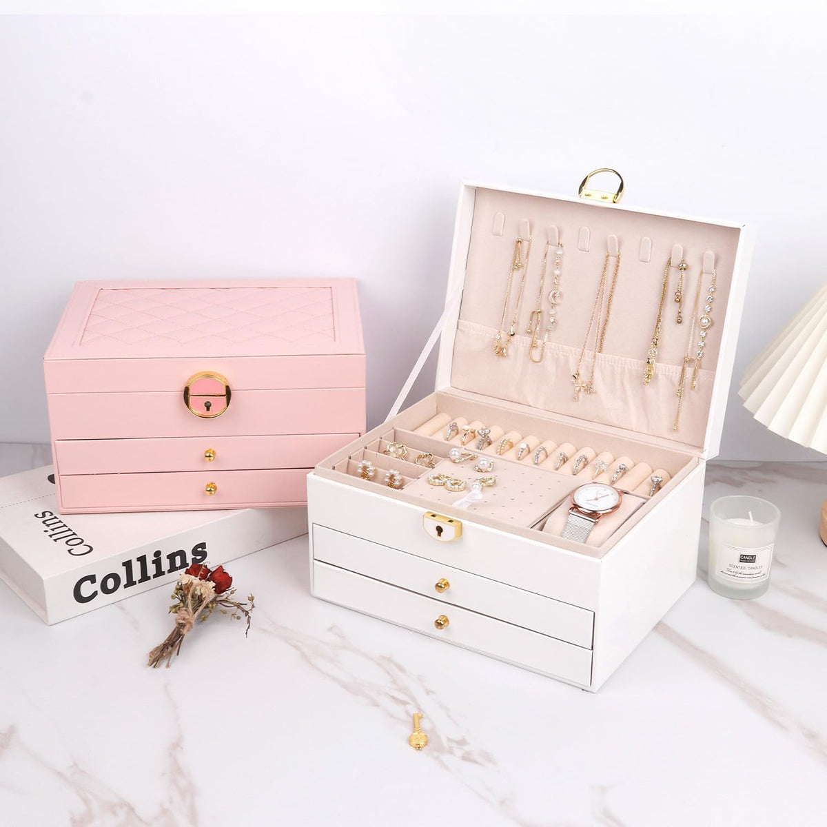 Jewelry Boxes for Women Girl Large PU Leather Jewelry Organizer Box with Lock Jewelry Organizers and Storage Case with Two Drawers Display for Earrings Bracelets Rings Watches