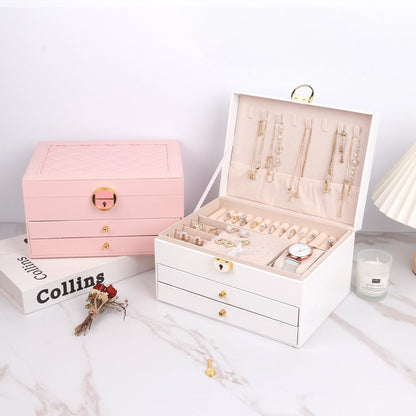 Jewelry Boxes for Women Girl Large PU Leather Jewelry Organizer Box with Lock Jewelry Organizers and Storage Case with Two Drawers Display for Earrings Bracelets Rings Watches
