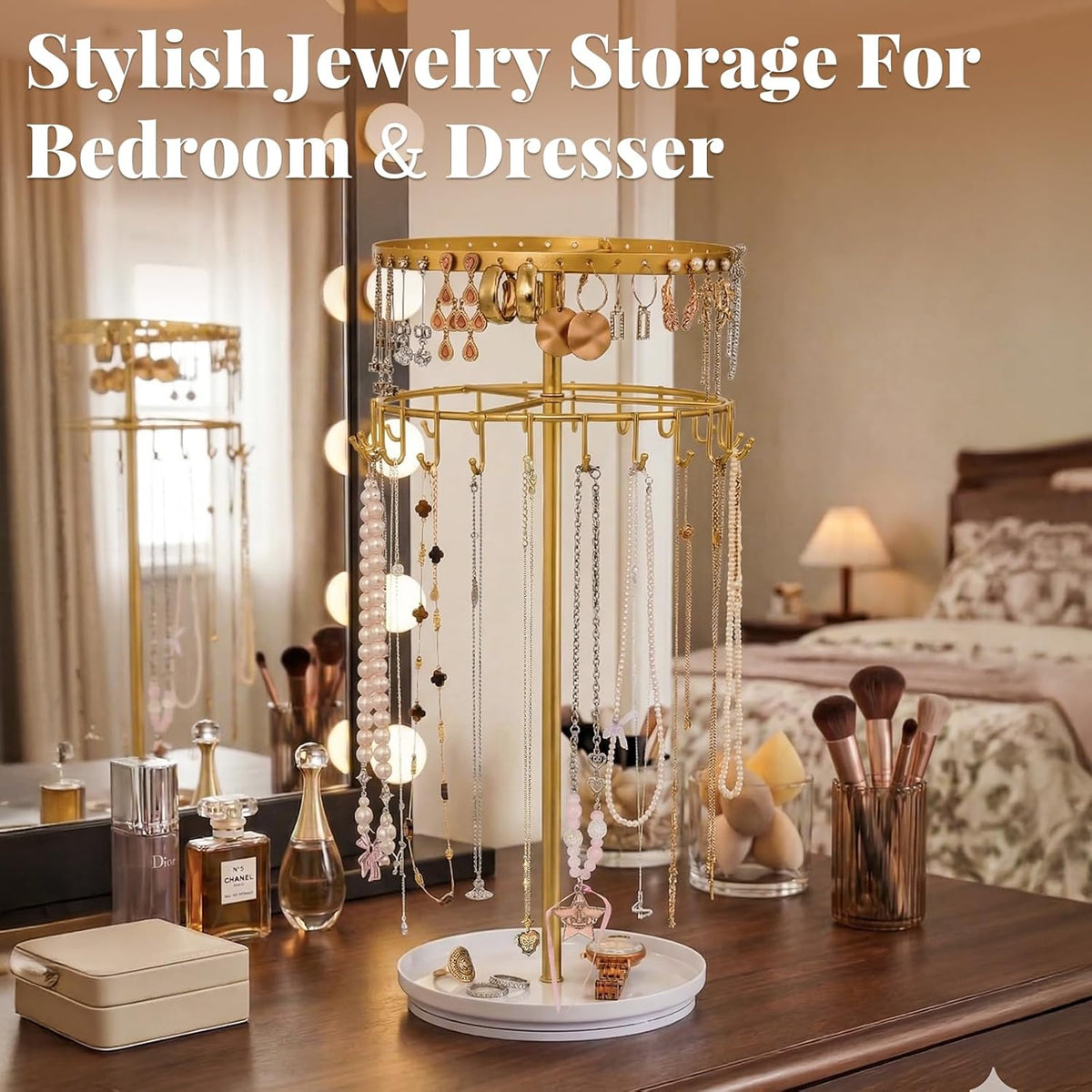 Necklace Holder Jewelry Organizer, 360° Rotating 3-Tier Jewelry Stand Display, 14.3" Holds 80 Pcs, Earring Holder, Bracelet Ring Holder, Jewelry Organizer and Storage for Women Vanity Dresser