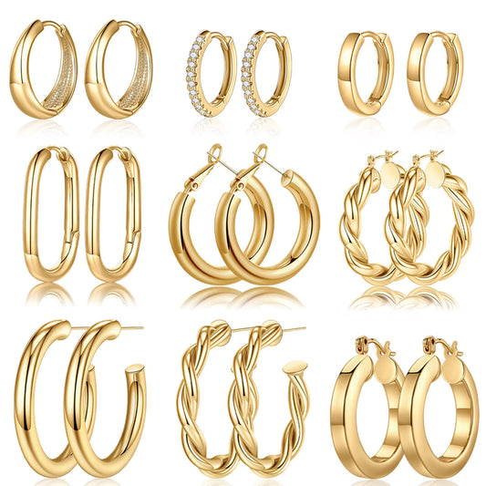 9 Pairs 14K Gold Plated Twisted Chunky Huggie Hoop Earrings Set for Women Trendy Hypoallergenic Thick Lightweight Fashion Accessories Jewelry Birthday Gifts for Women Her Mom Wife Ideas