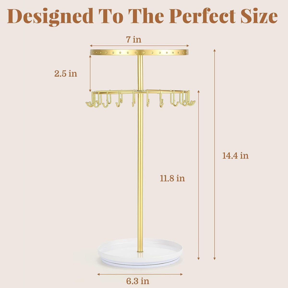 Necklace Holder Jewelry Organizer, 360° Rotating 3-Tier Jewelry Stand Display, 14.3" Holds 80 Pcs, Earring Holder, Bracelet Ring Holder, Jewelry Organizer and Storage for Women Vanity Dresser