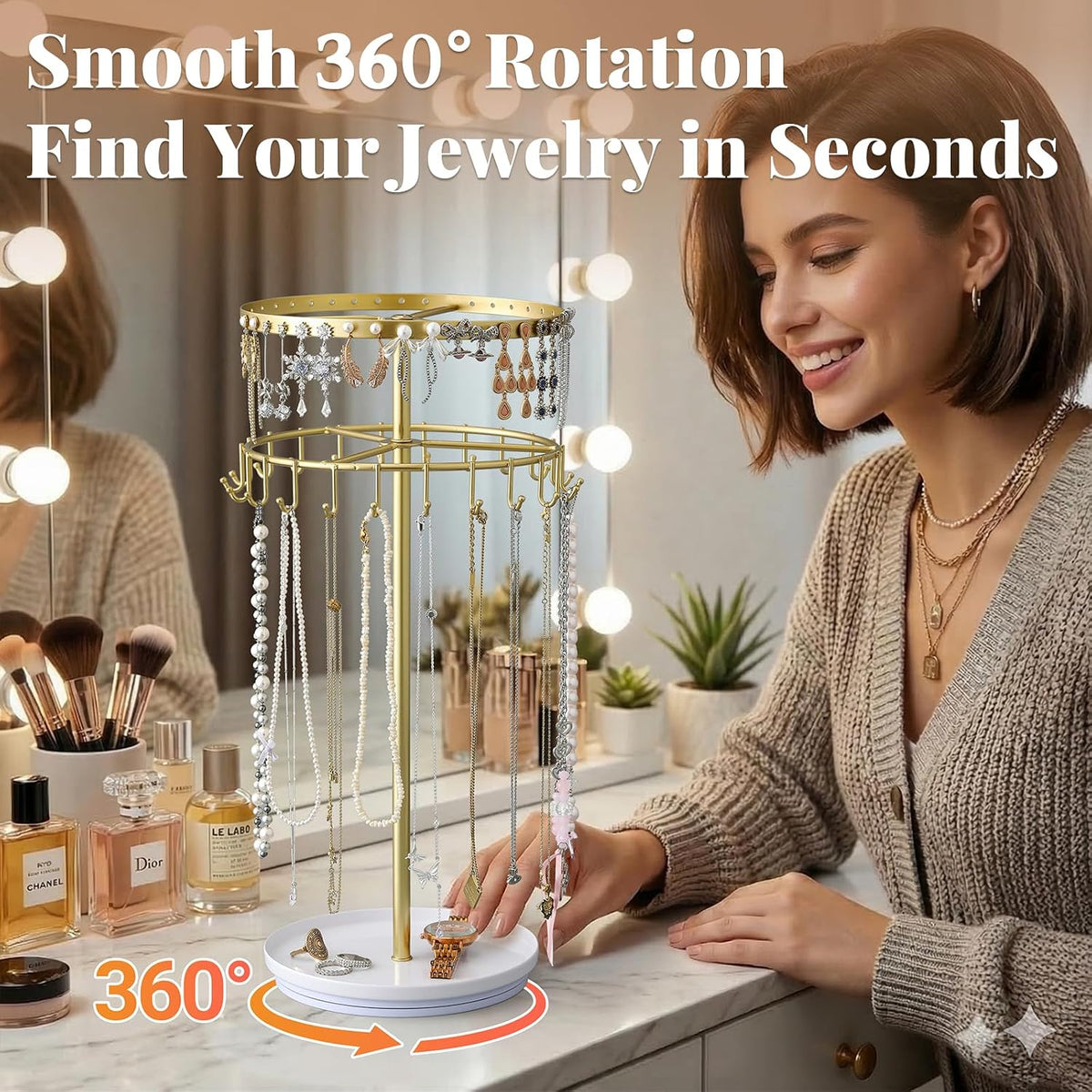 Necklace Holder Jewelry Organizer, 360° Rotating 3-Tier Jewelry Stand Display, 14.3" Holds 80 Pcs, Earring Holder, Bracelet Ring Holder, Jewelry Organizer and Storage for Women Vanity Dresser