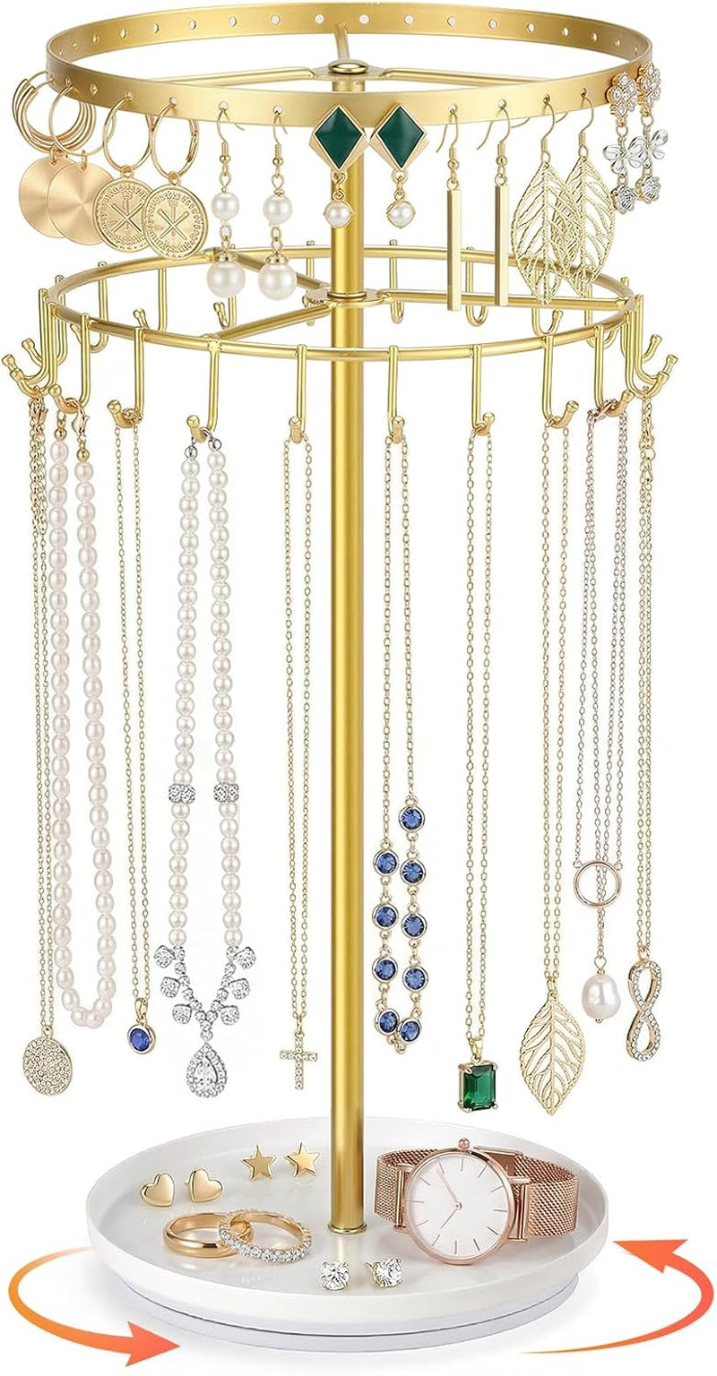 Necklace Holder Jewelry Organizer, 360° Rotating 3-Tier Jewelry Stand Display, 14.3" Holds 80 Pcs, Earring Holder, Bracelet Ring Holder, Jewelry Organizer and Storage for Women Vanity Dresser